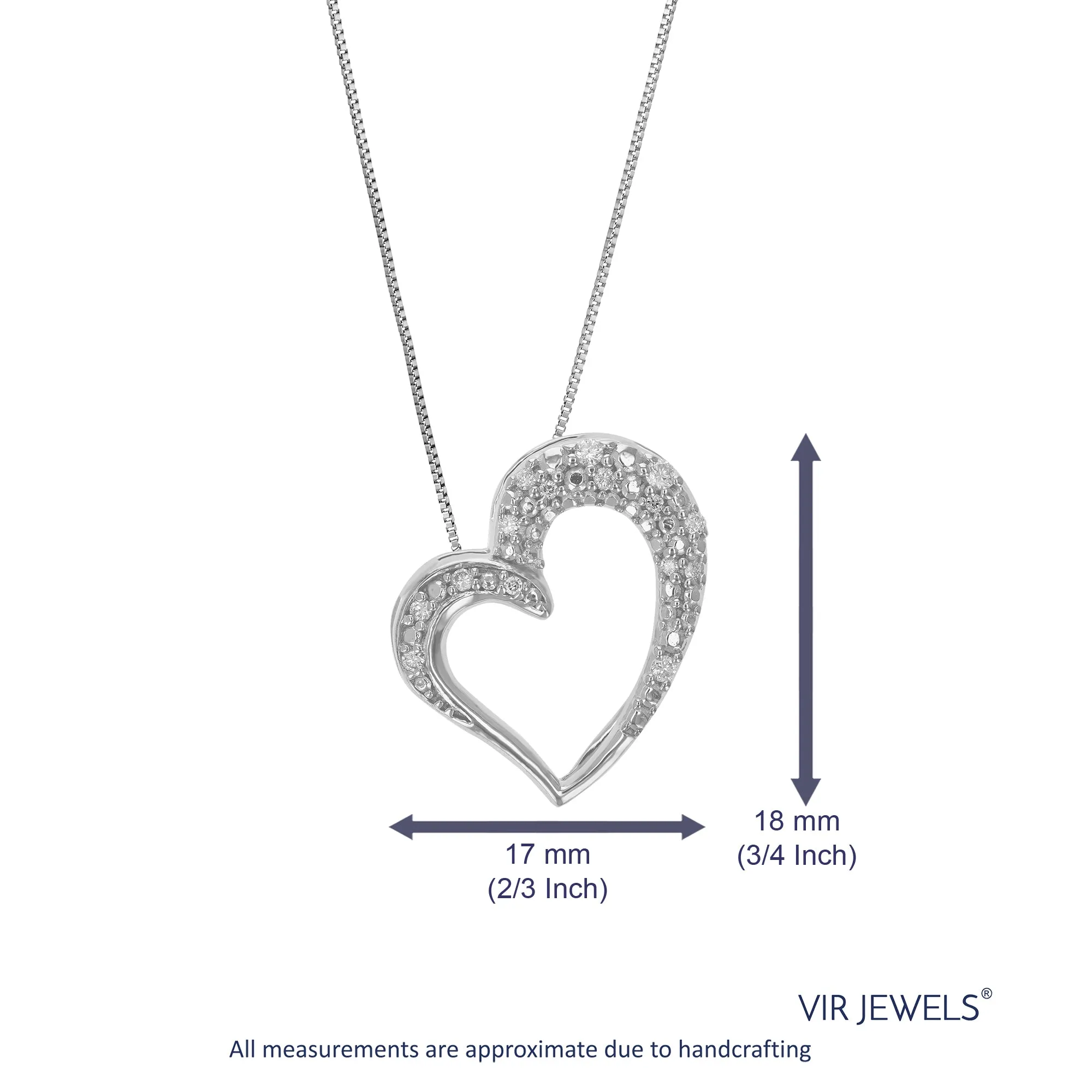 1/10 cttw Lab Grown Round Cut Diamond Heart Pendant Necklace .925 Sterling Silver 2/3 Inch With 18 Inch Chain