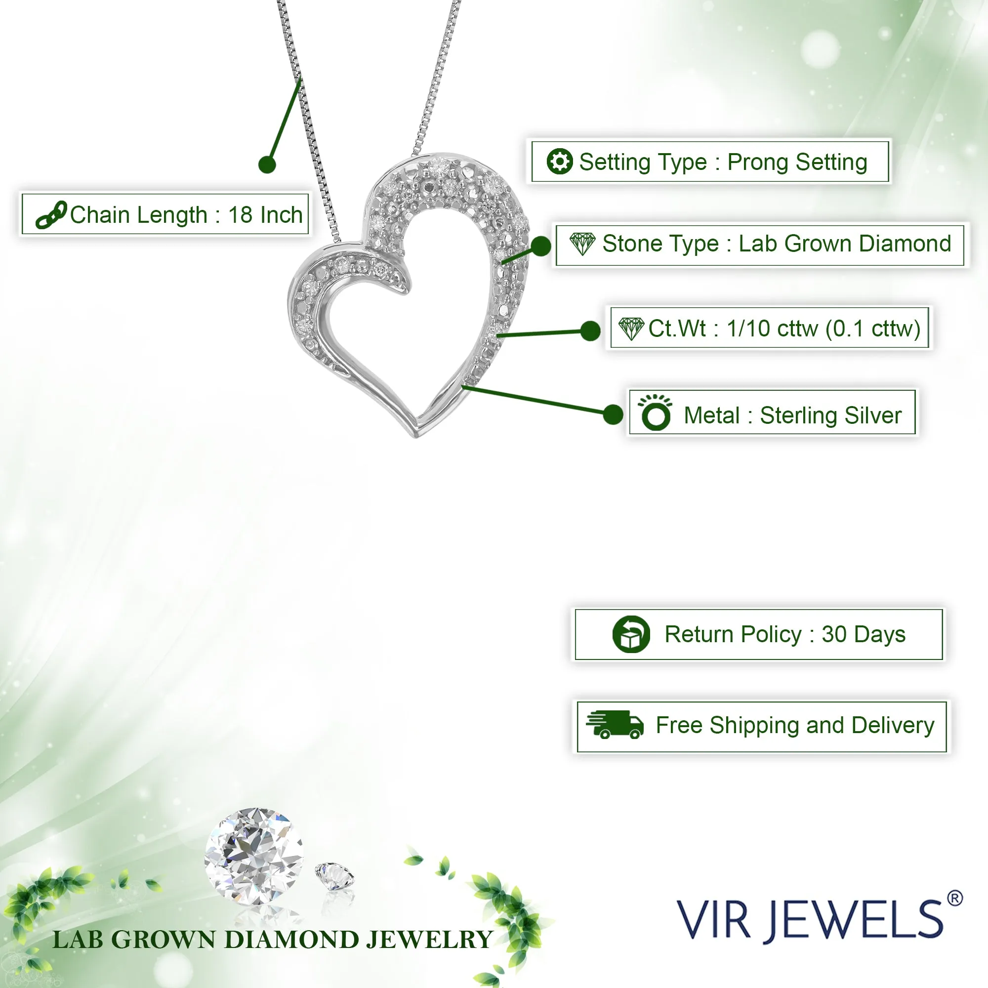 1/10 cttw Lab Grown Round Cut Diamond Heart Pendant Necklace .925 Sterling Silver 2/3 Inch With 18 Inch Chain