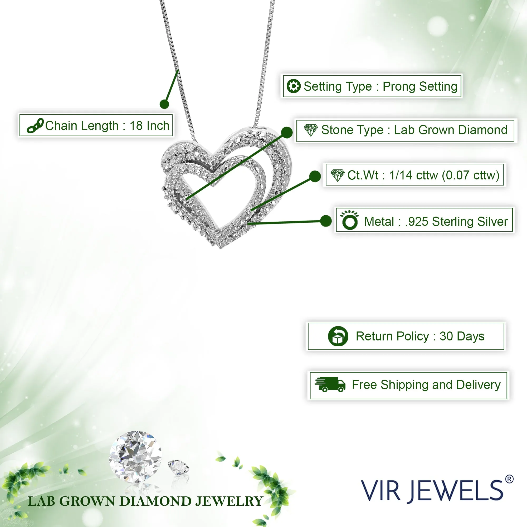 1/14 cttw Lab Grown Diamond Heart Pendant Necklace .925 Sterling Silver 1/2 Inch with 18 Inch Chain, Size 1/2 Inch