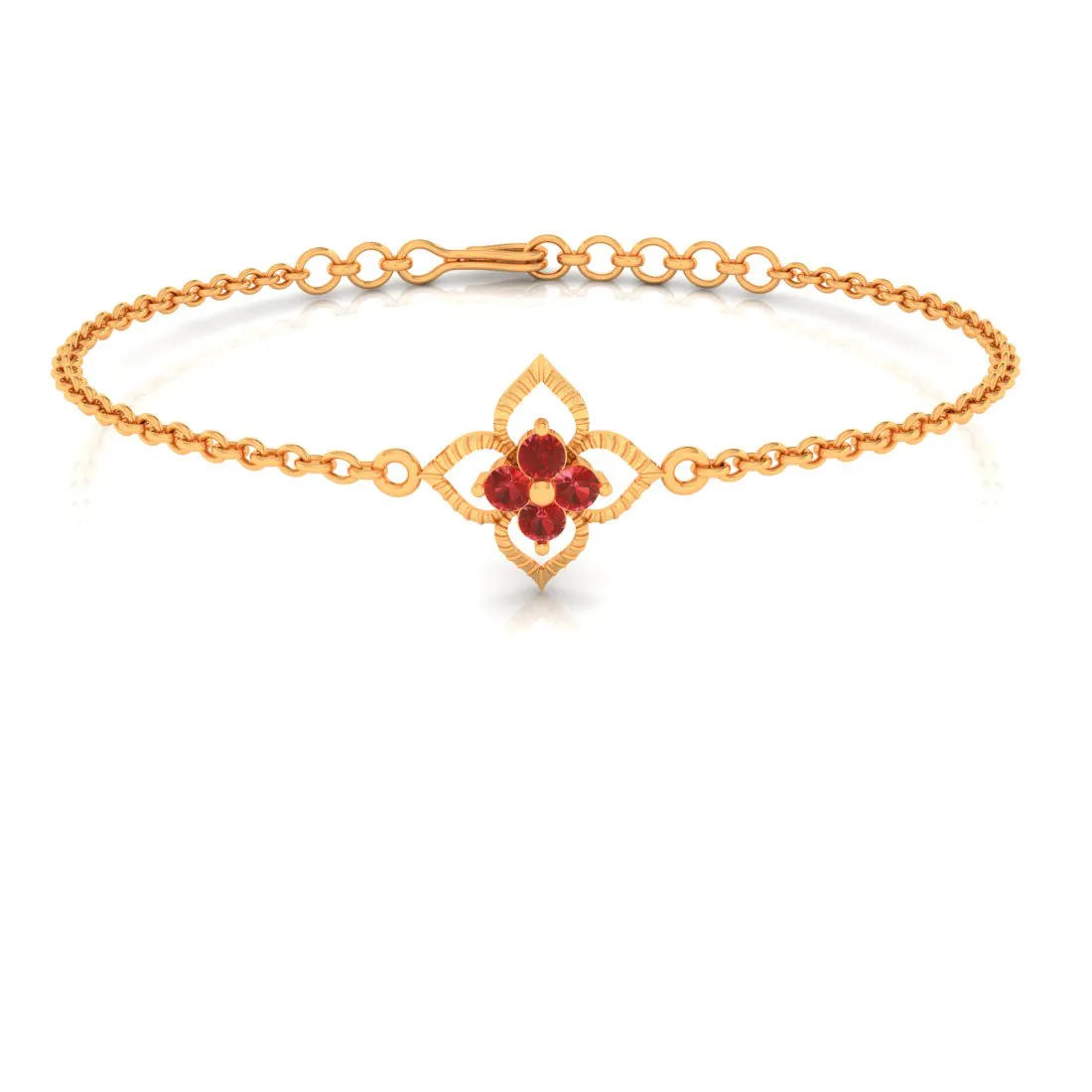 14k Gold Bracelet Floral Designed Red Gems