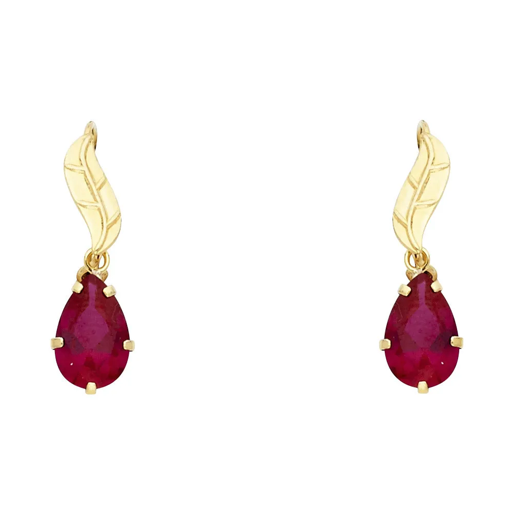 14K Gold CZ Leaf Hanging Earrings