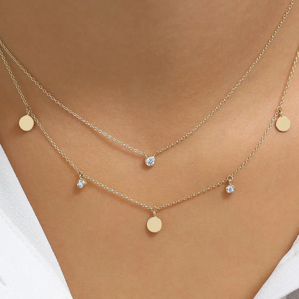 14K Gold Dangling Diamond Disc Necklace