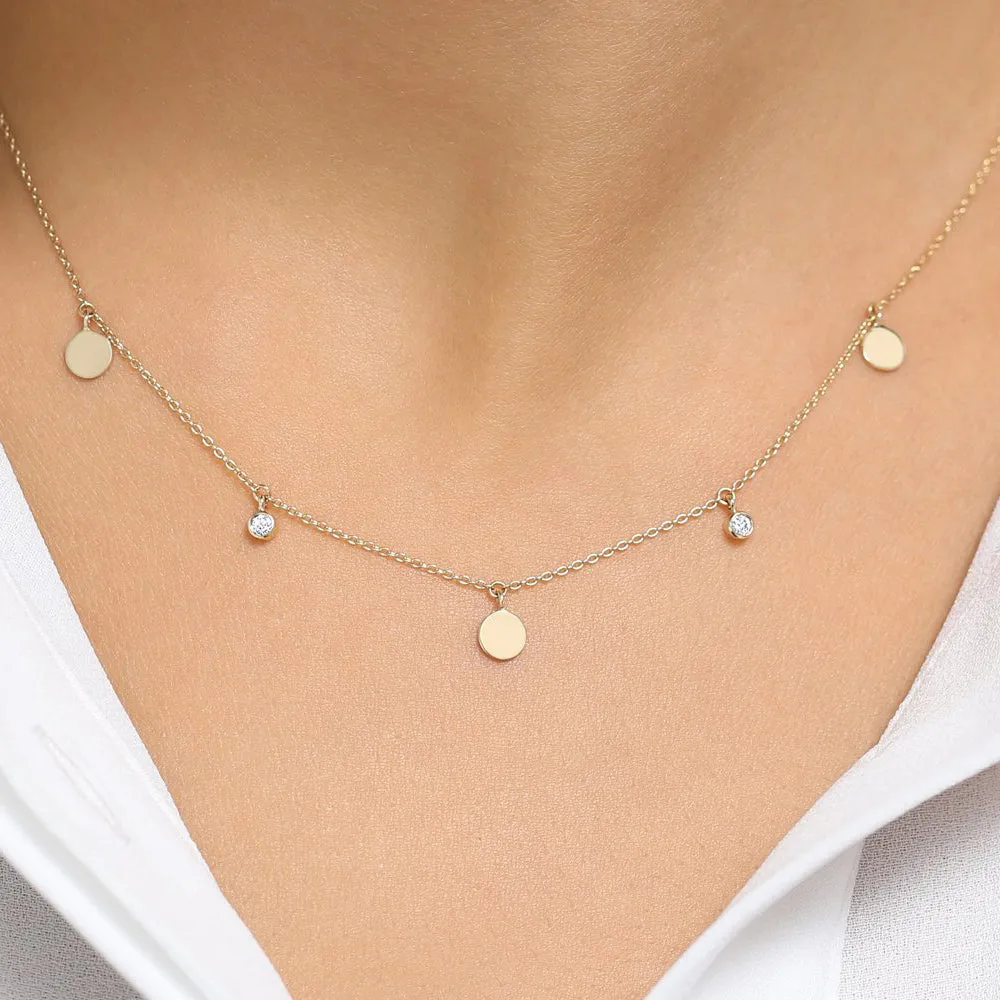 14K Gold Dangling Diamond Disc Necklace