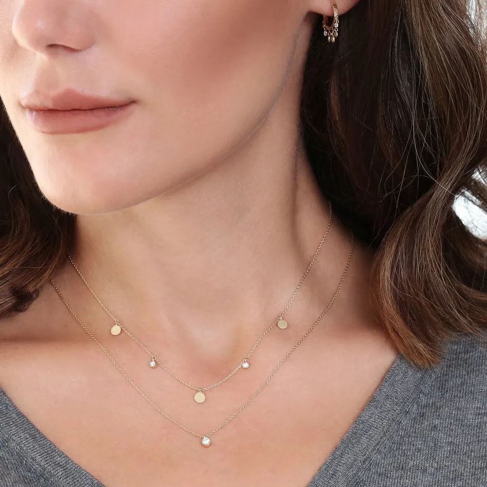 14K Gold Dangling Diamond Disc Necklace