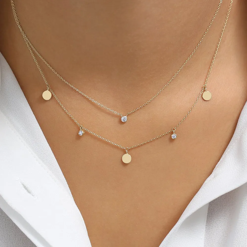 14K Gold Dangling Diamond Disc Necklace