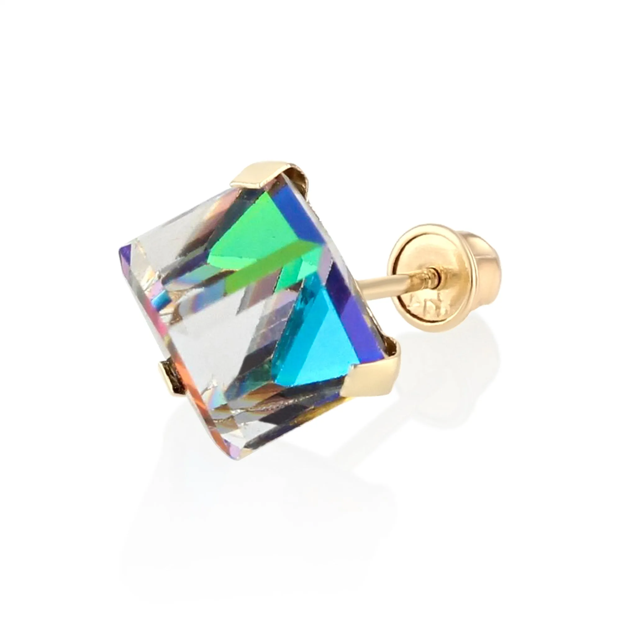 14K Gold Rainbow Cube Crystal Stud Earrings