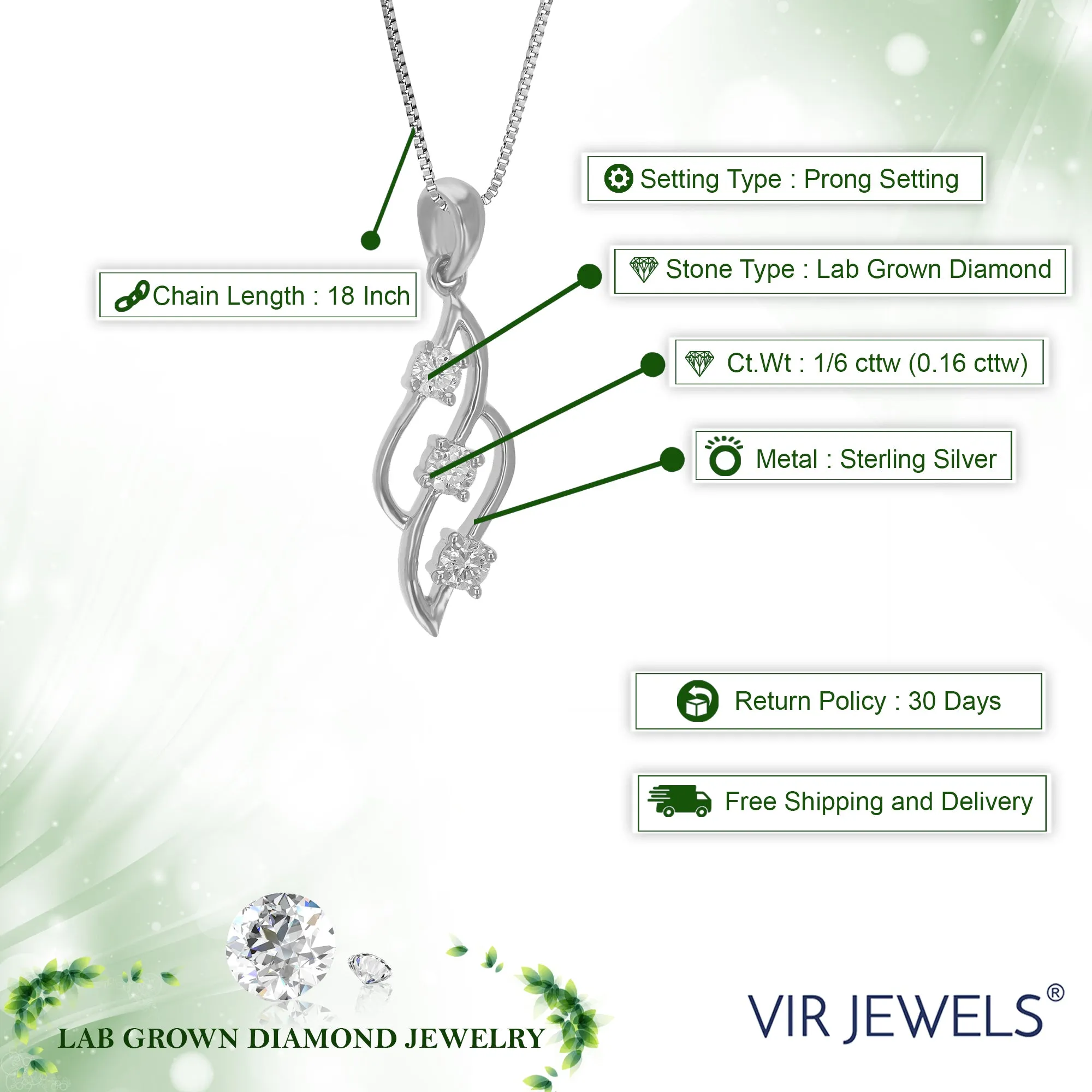 1/6 cttw Lab Grown Diamond Pendant Necklace .925 Sterling Silver For Women 1/4 Inch With 18 Inch Chain