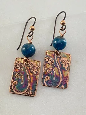 Acid etched copper earrings with apatite gemstones