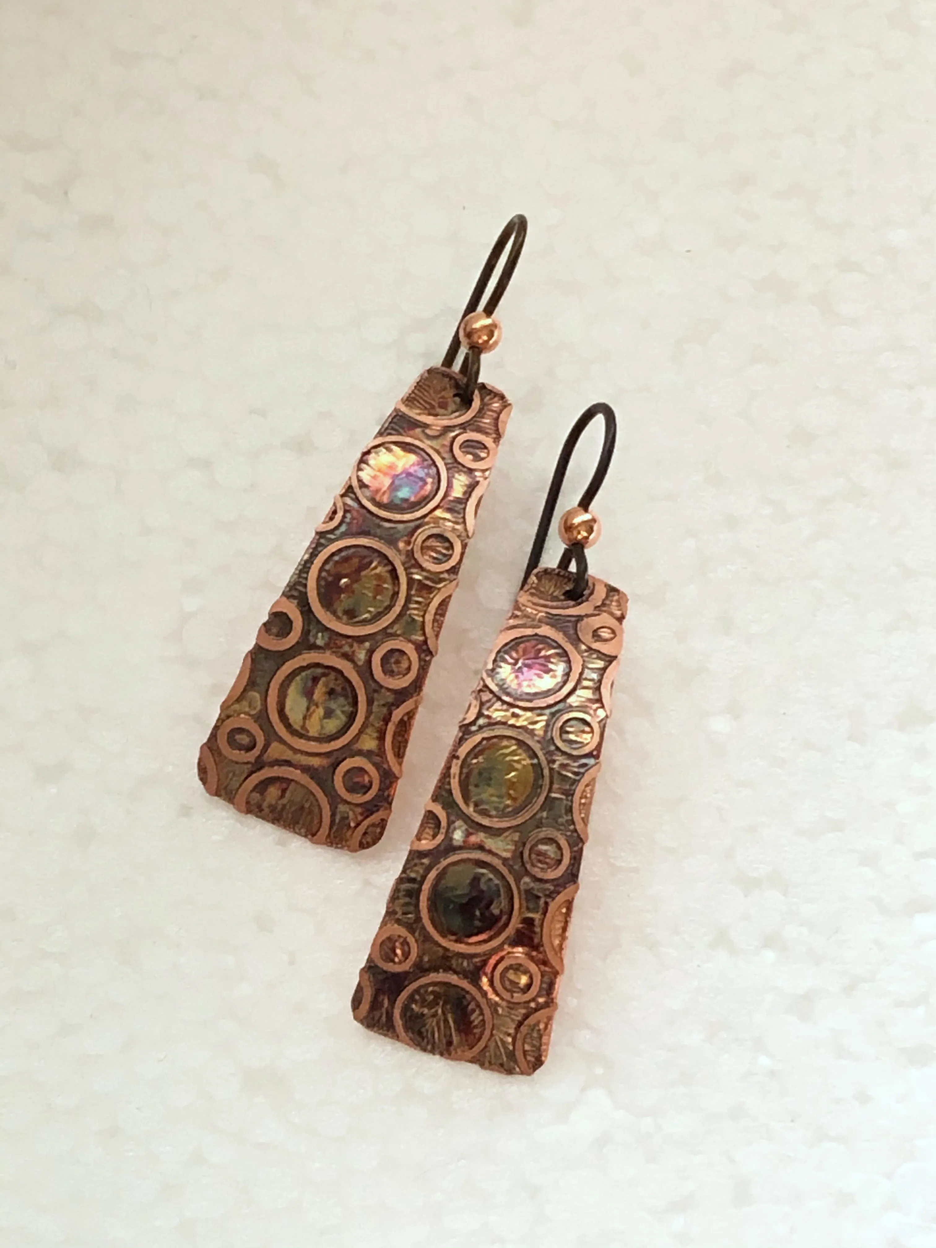 Acid etched copper irregular rectangle earrings