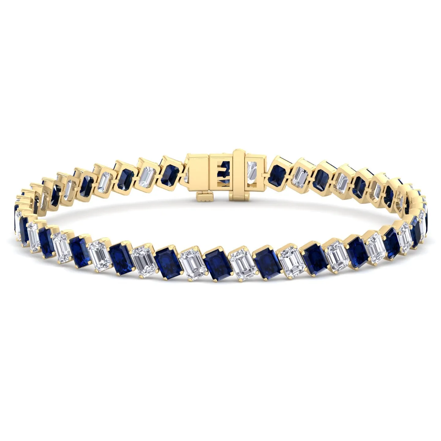 Alternating Emerald Shape Natural Blue Sapphire & Natural Diamond Diagonal Tennis Bracelet 14K Solid Gold