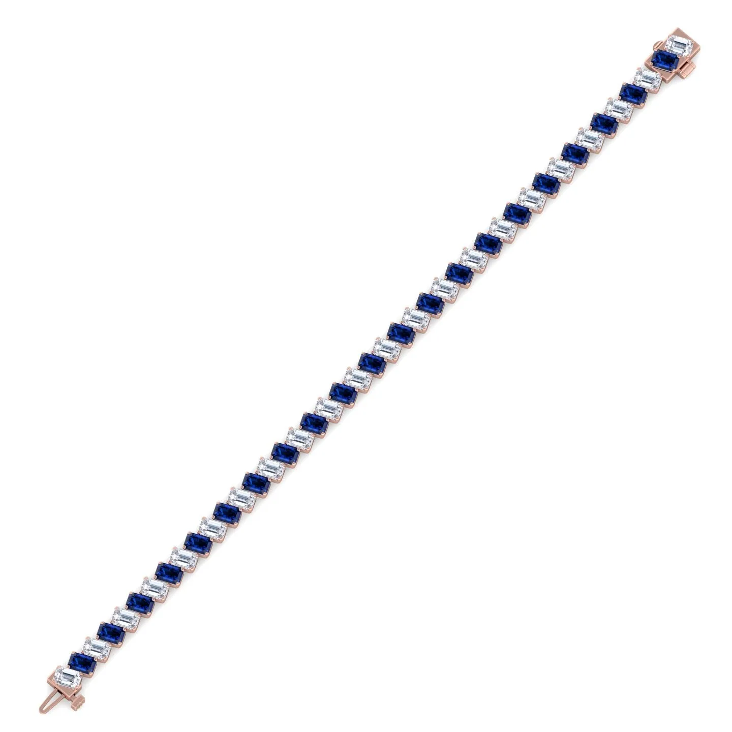 Alternating Emerald Shape Natural Blue Sapphire & Natural Diamond Diagonal Tennis Bracelet 14K Solid Gold