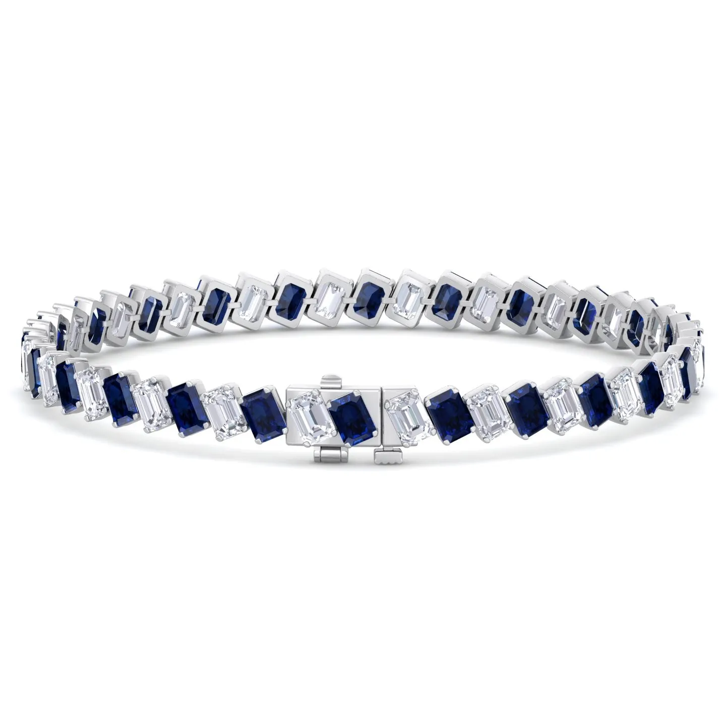 Alternating Emerald Shape Natural Blue Sapphire & Natural Diamond Diagonal Tennis Bracelet 14K Solid Gold