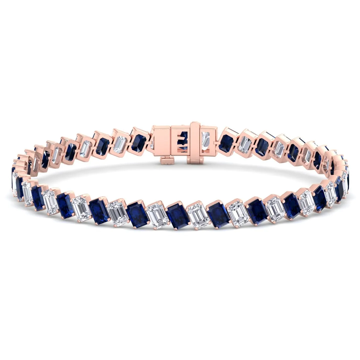 Alternating Emerald Shape Natural Blue Sapphire & Natural Diamond Diagonal Tennis Bracelet 14K Solid Gold