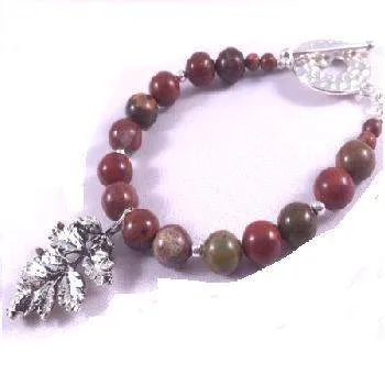 Apple Jasper Beaded Bracelet with Leaf Charm