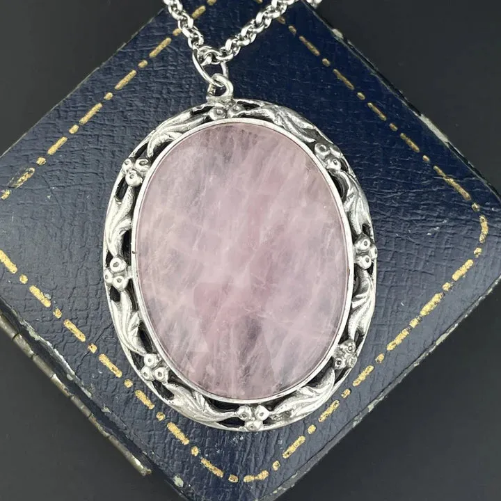 Art Nouveau Large Oval Cut Rose Quartz Sterling Silver Pendant