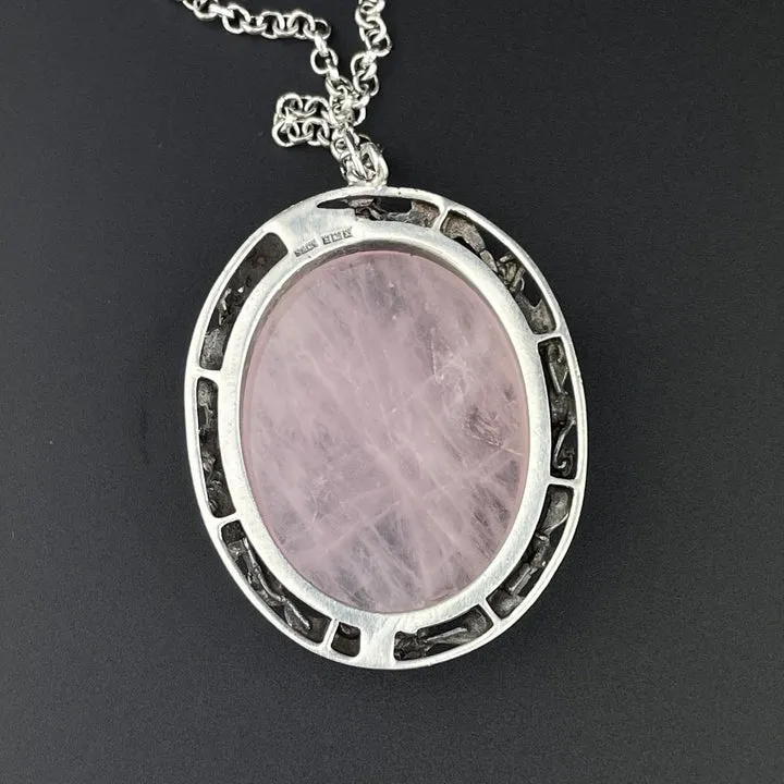 Art Nouveau Large Oval Cut Rose Quartz Sterling Silver Pendant