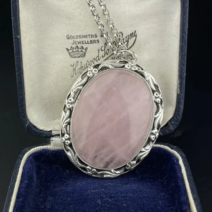 Art Nouveau Large Oval Cut Rose Quartz Sterling Silver Pendant