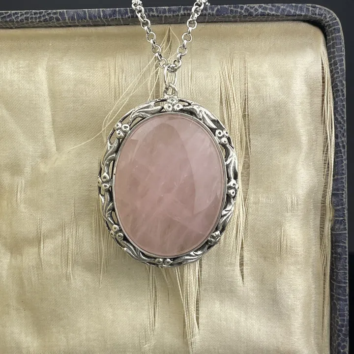 Art Nouveau Large Oval Cut Rose Quartz Sterling Silver Pendant