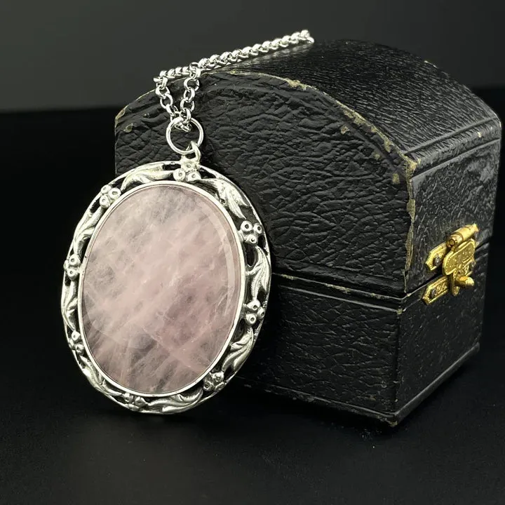 Art Nouveau Large Oval Cut Rose Quartz Sterling Silver Pendant