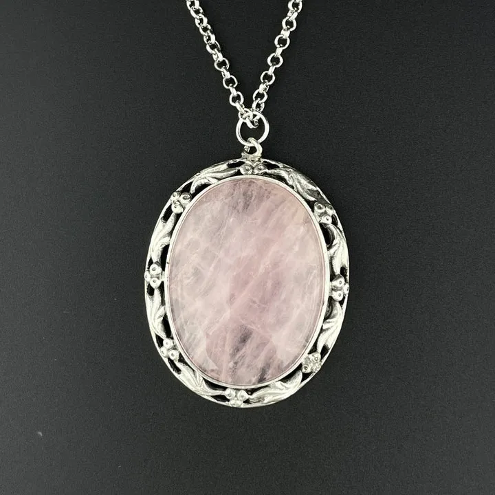 Art Nouveau Large Oval Cut Rose Quartz Sterling Silver Pendant