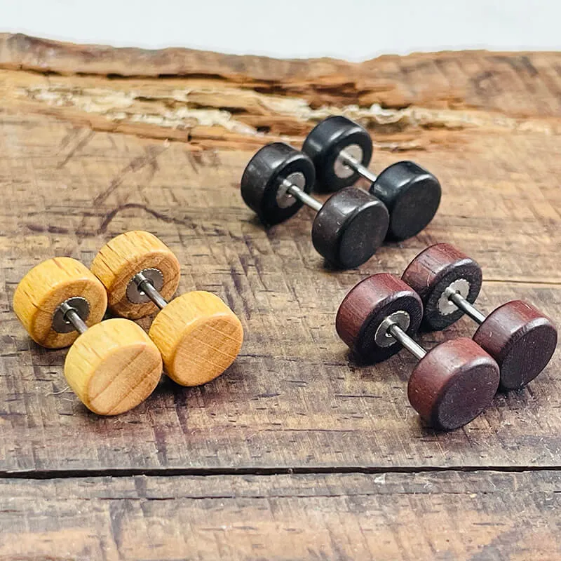 Barbell Natural Wood Studs Earrings