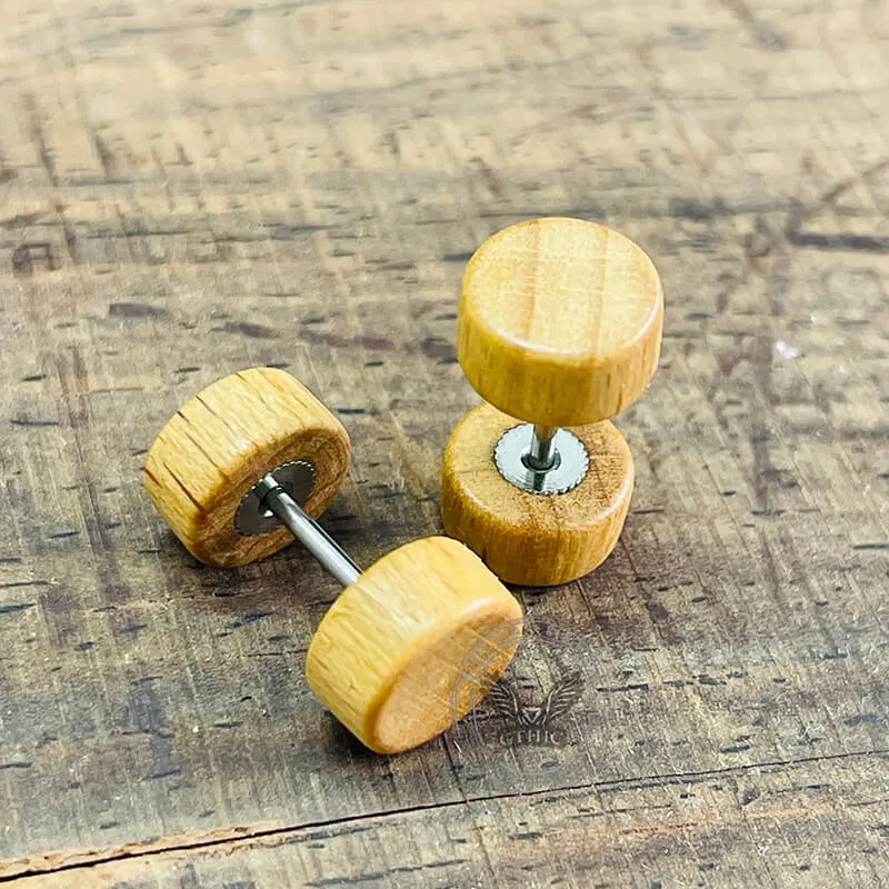 Barbell Natural Wood Studs Earrings