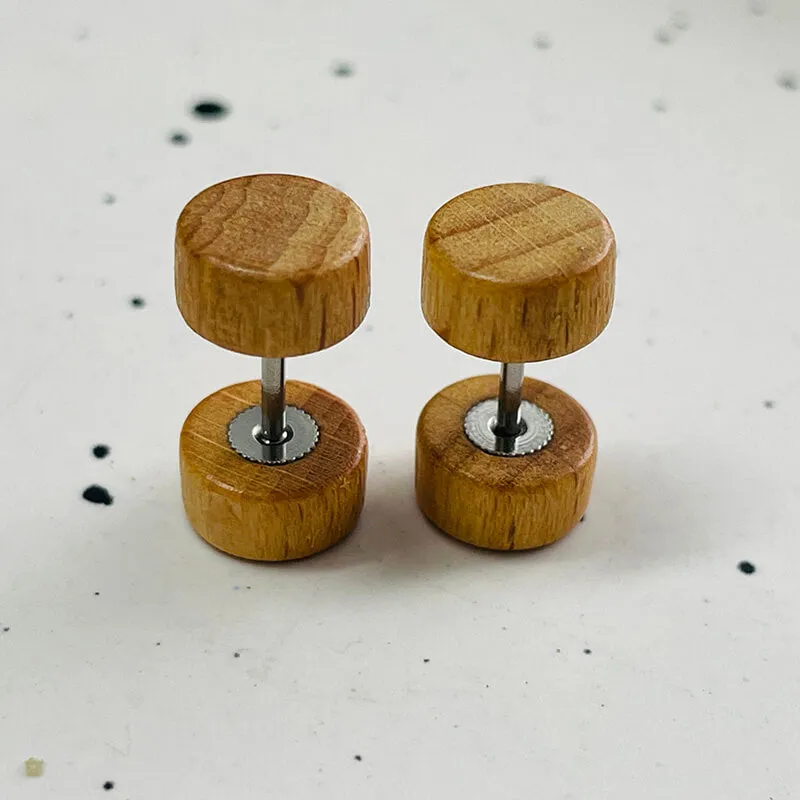 Barbell Natural Wood Studs Earrings