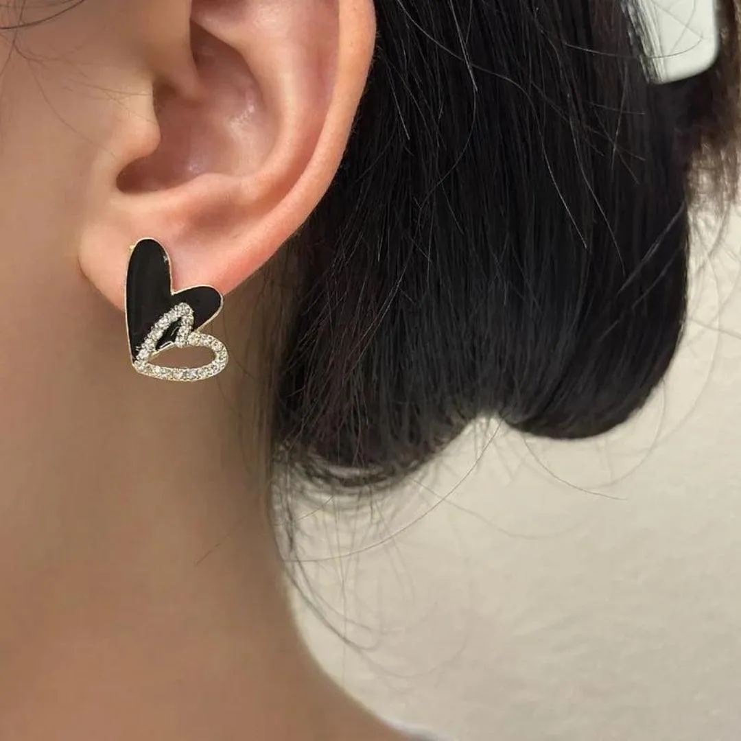 Black Crystal Double Heart Earrings