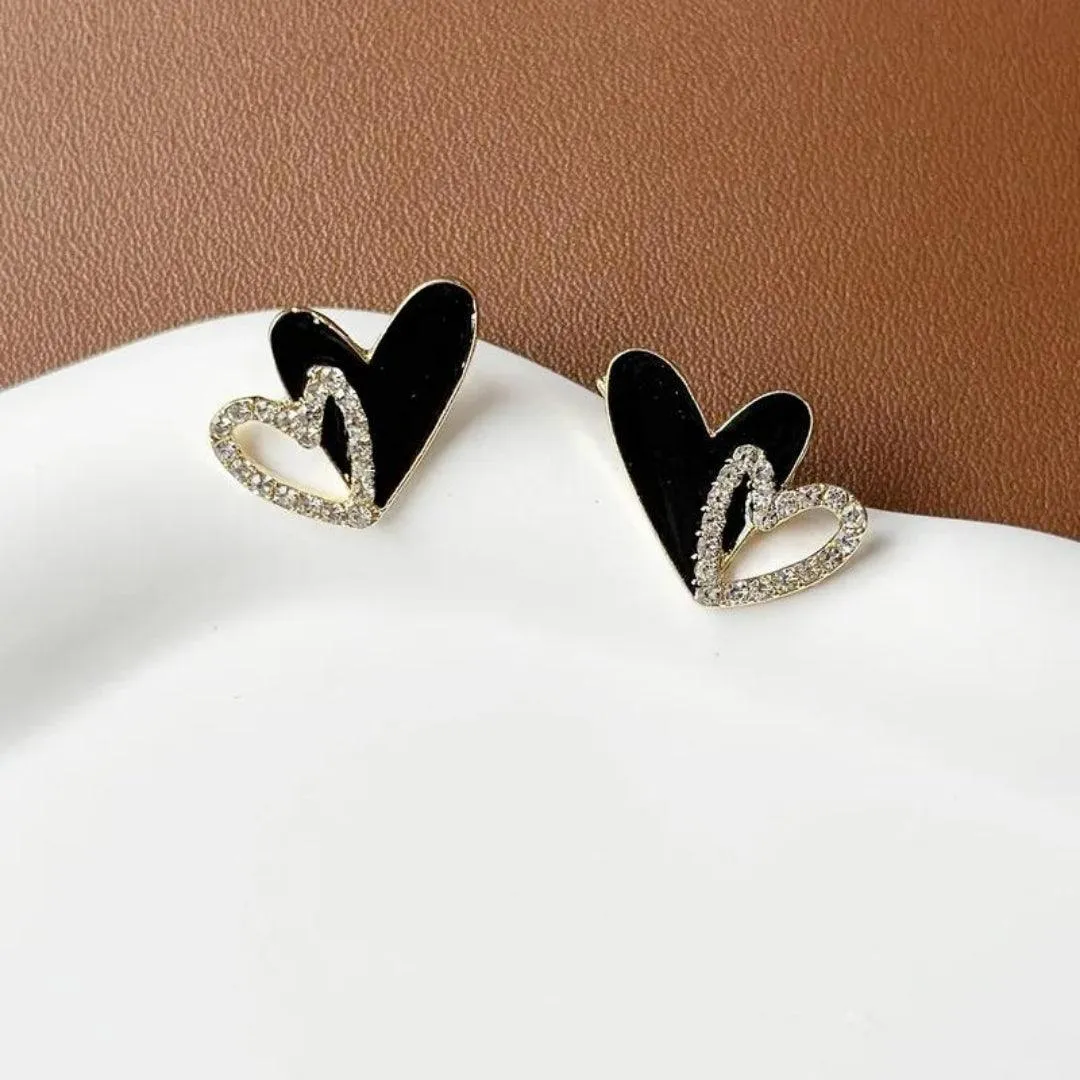 Black Crystal Double Heart Earrings