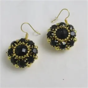 Black Crystal Flower Motif Gold Earrings