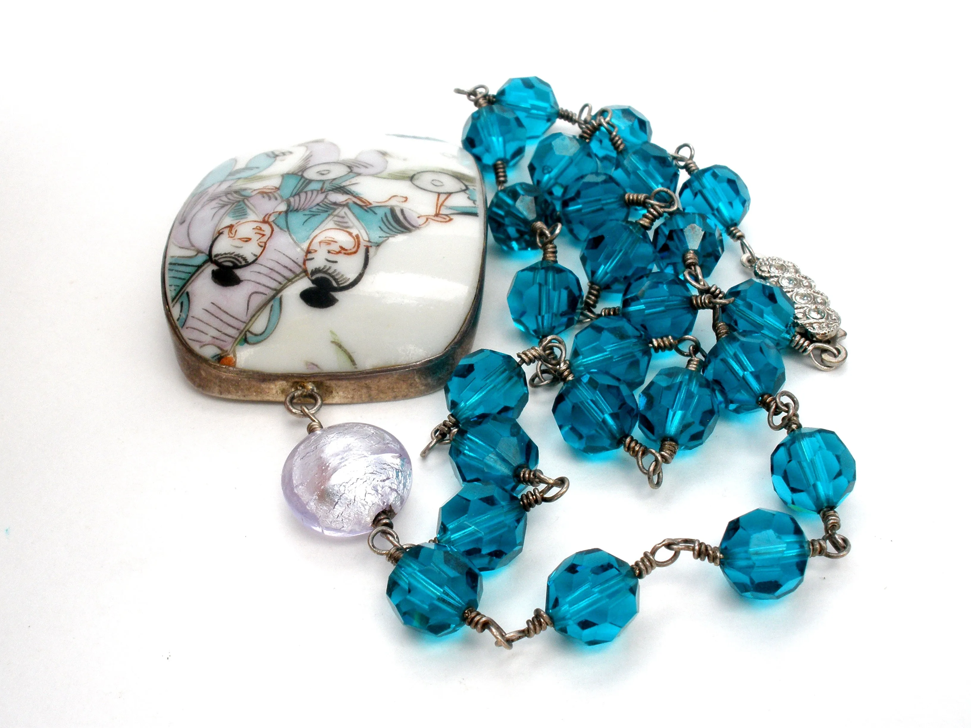 Blue Bead Necklace with Asian Pendant