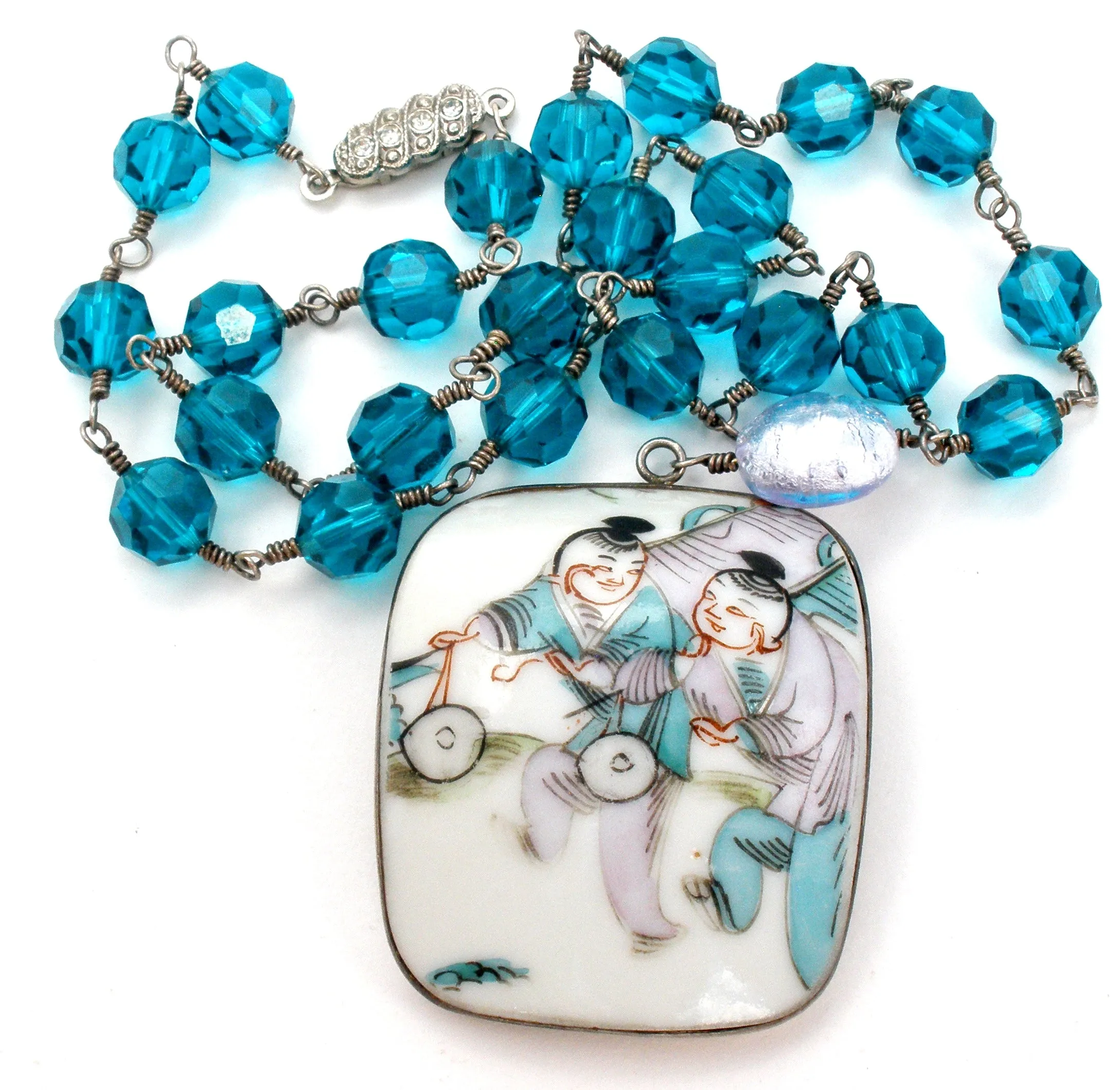 Blue Bead Necklace with Asian Pendant