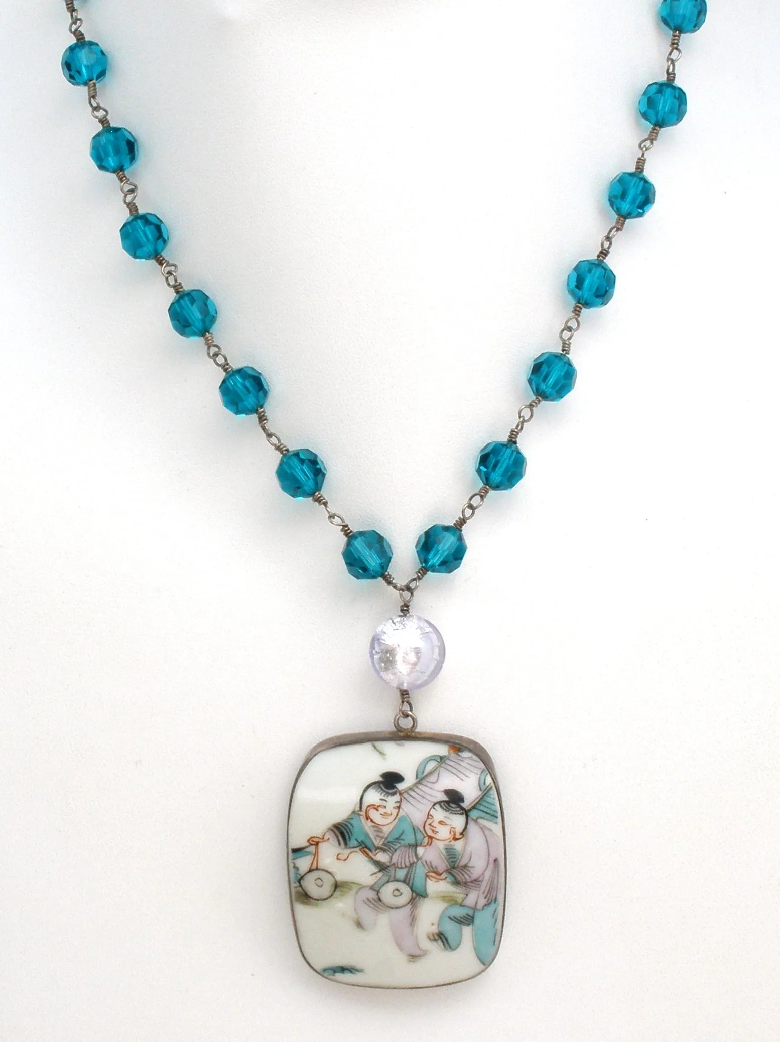 Blue Bead Necklace with Asian Pendant