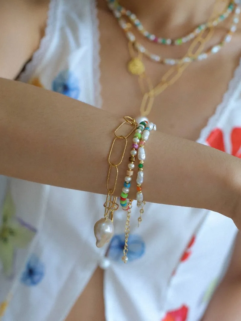 Candy-Colored Gemstone and Popcorn Pearl Beaded Bracelet