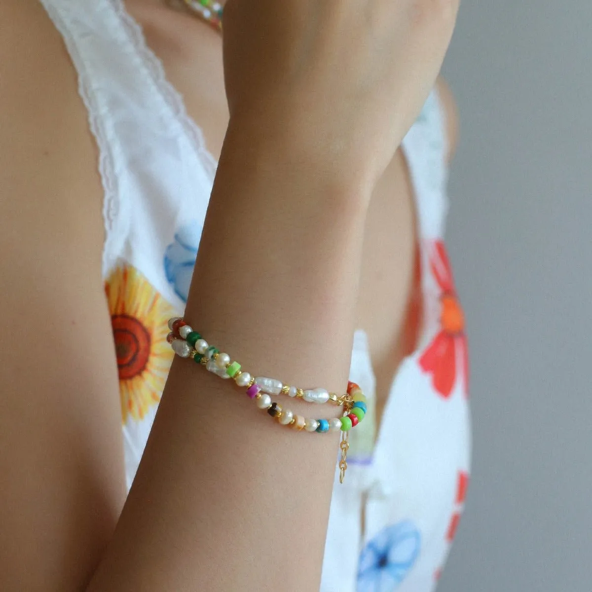 Candy-Colored Gemstone and Popcorn Pearl Beaded Bracelet