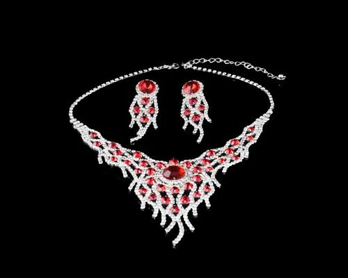 Charming Red Rhinestone Wedding Necklace and Earrings Jewelry Set