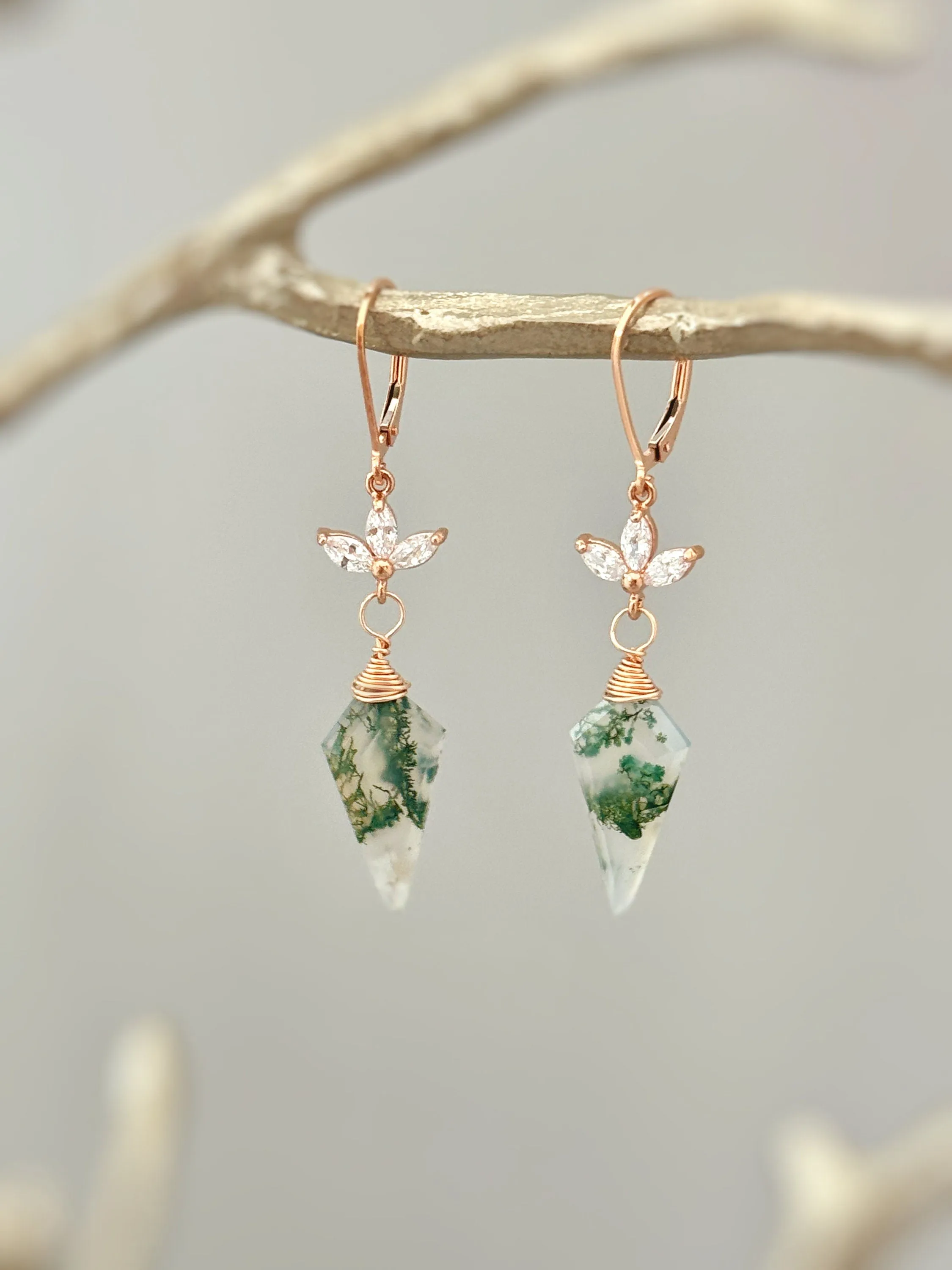 Crystal and Moss Agate Earrings Dangle Rose Gold, Sterling Silver, 14k Gold Fill