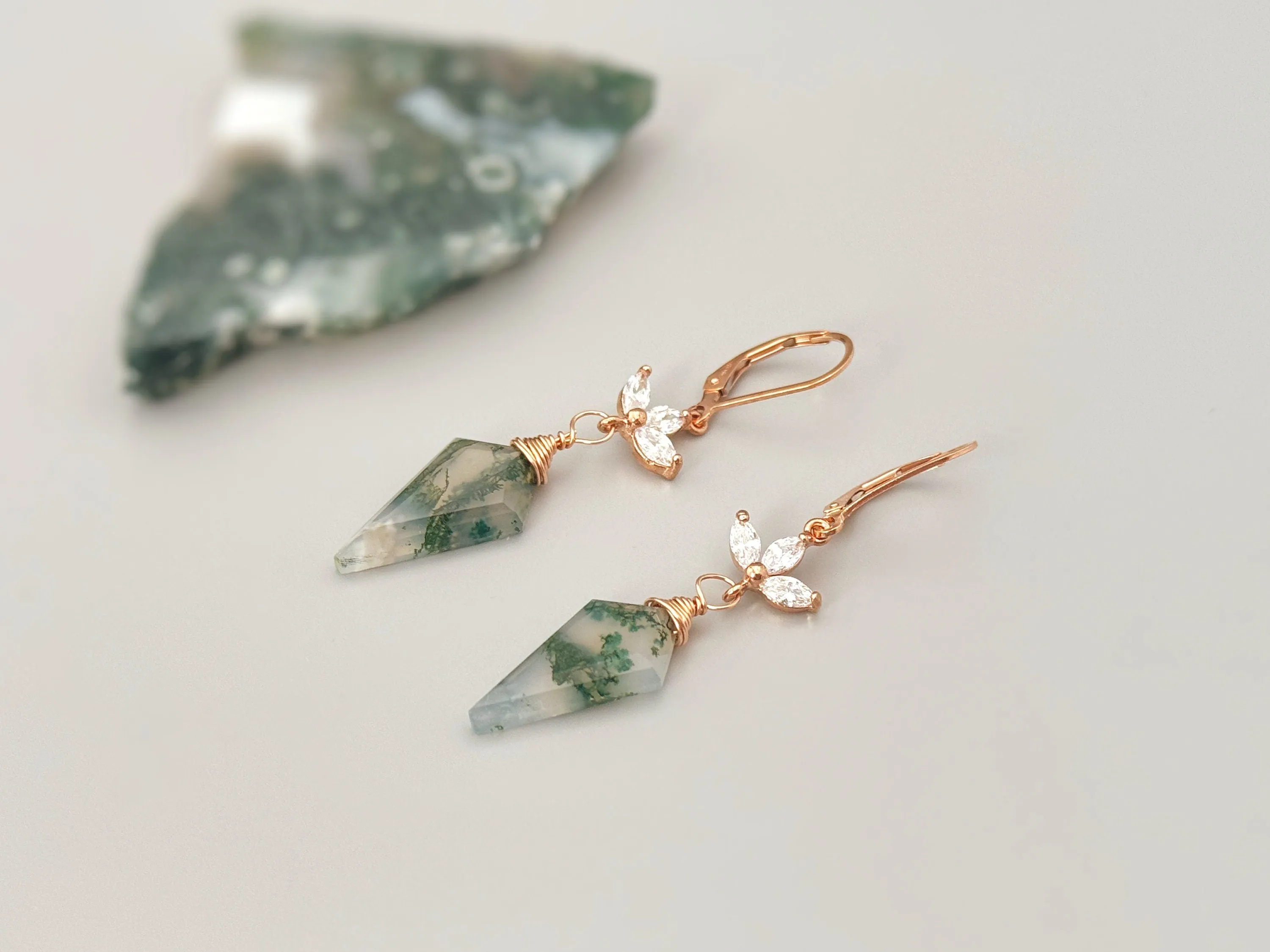 Crystal and Moss Agate Earrings Dangle Rose Gold, Sterling Silver, 14k Gold Fill