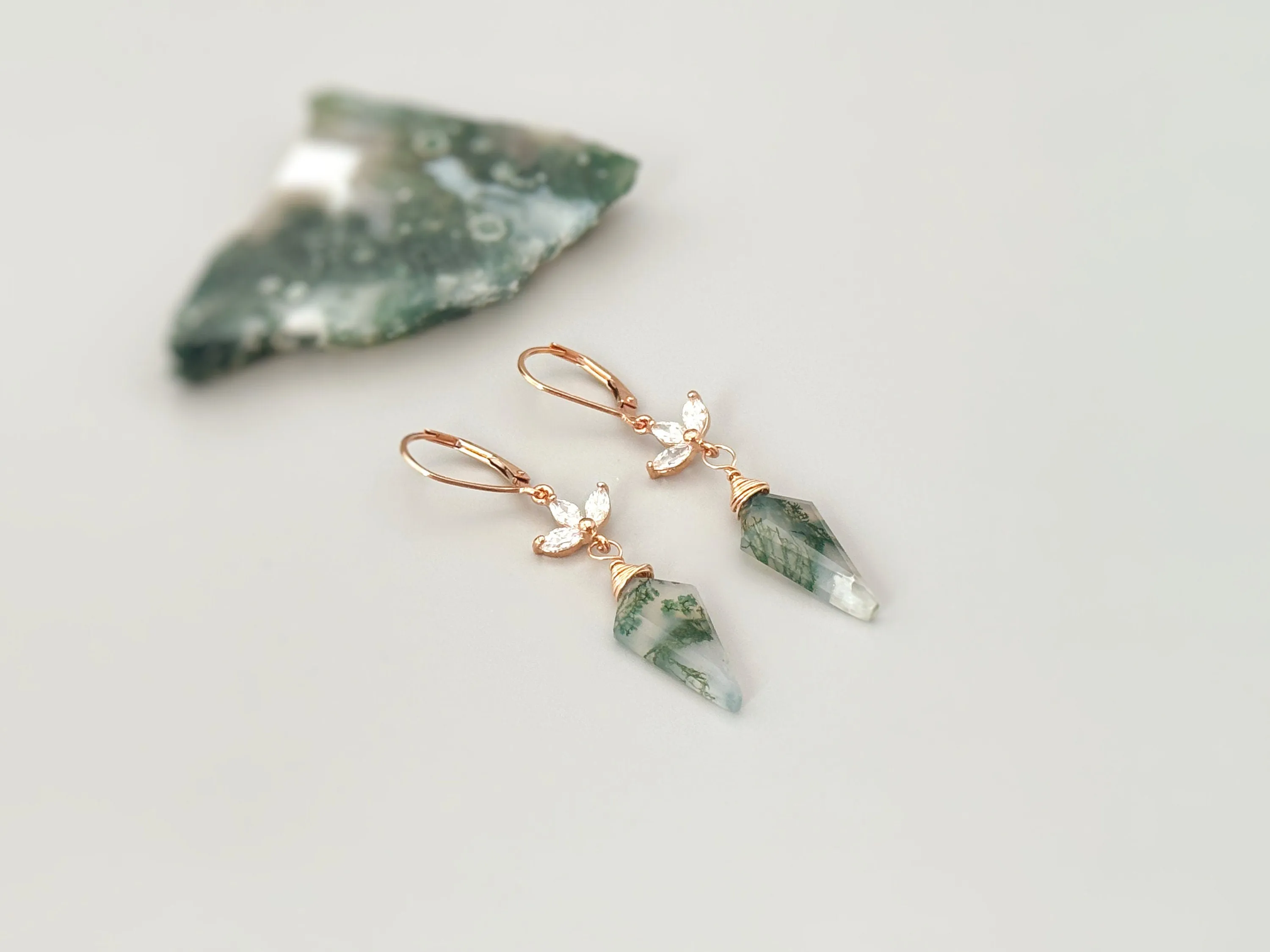 Crystal and Moss Agate Earrings Dangle Rose Gold, Sterling Silver, 14k Gold Fill