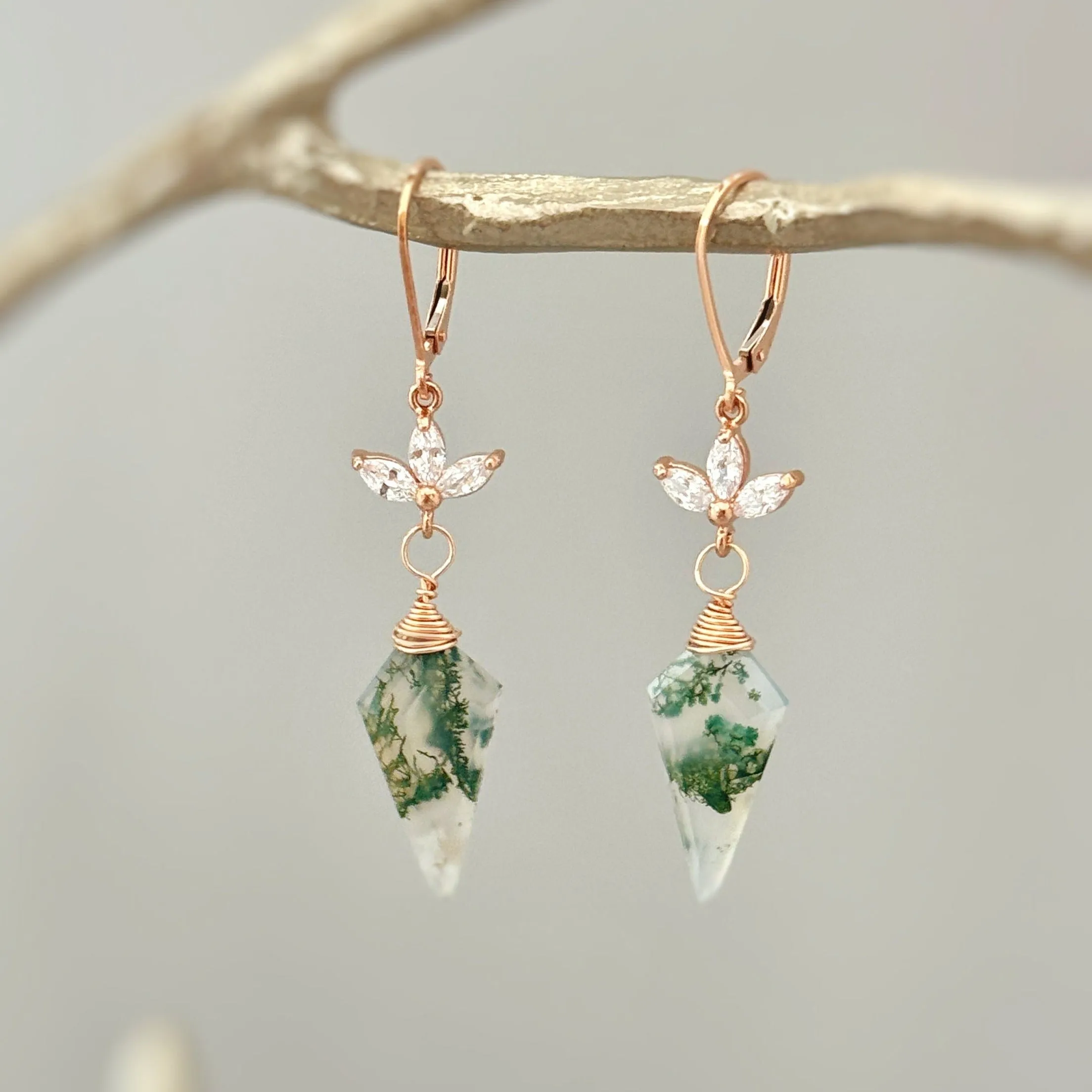 Crystal and Moss Agate Earrings Dangle Rose Gold, Sterling Silver, 14k Gold Fill