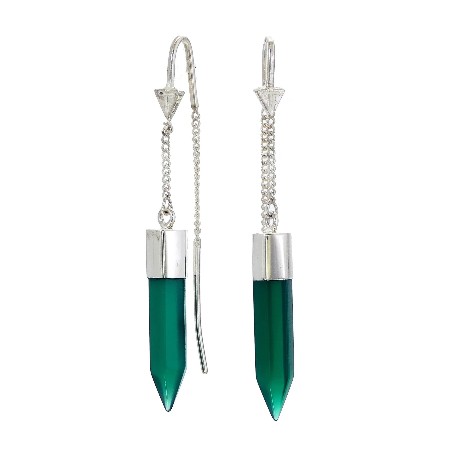 CRYSTAL PULL THROUGH EARRINGS GREEN ONYX - SILVER