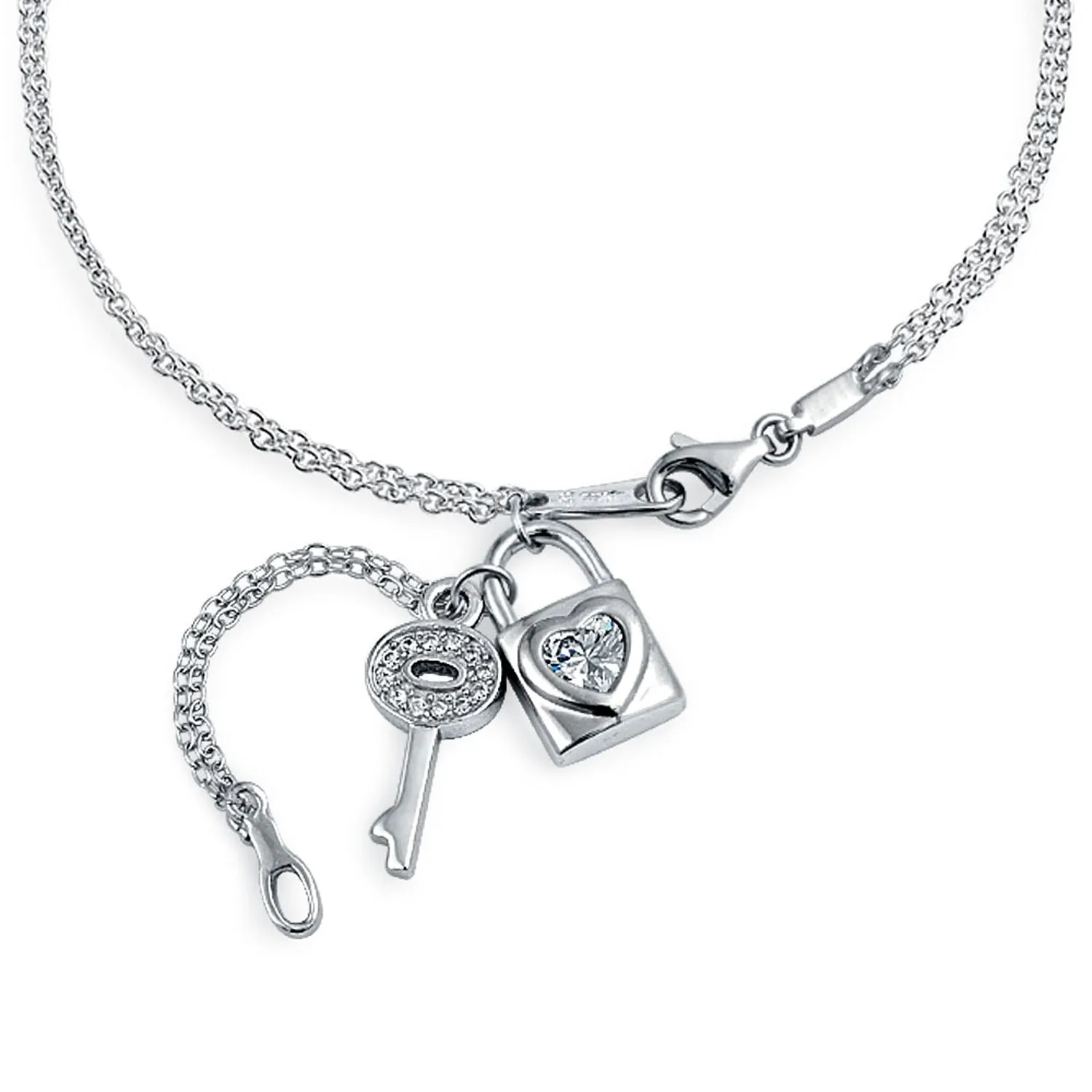 CZ Heart Charm Lock & Key Anklet Ankle Bracelet Sterling Silver 9-10"