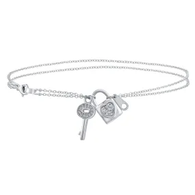 CZ Heart Charm Lock & Key Anklet Ankle Bracelet Sterling Silver 9-10"