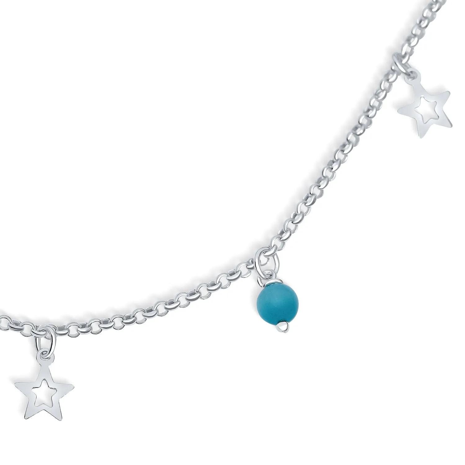 Dangle Aqua Blue Cats Eye Bead Anklet Ankle Bracelet with Star Charms Sterling Silver