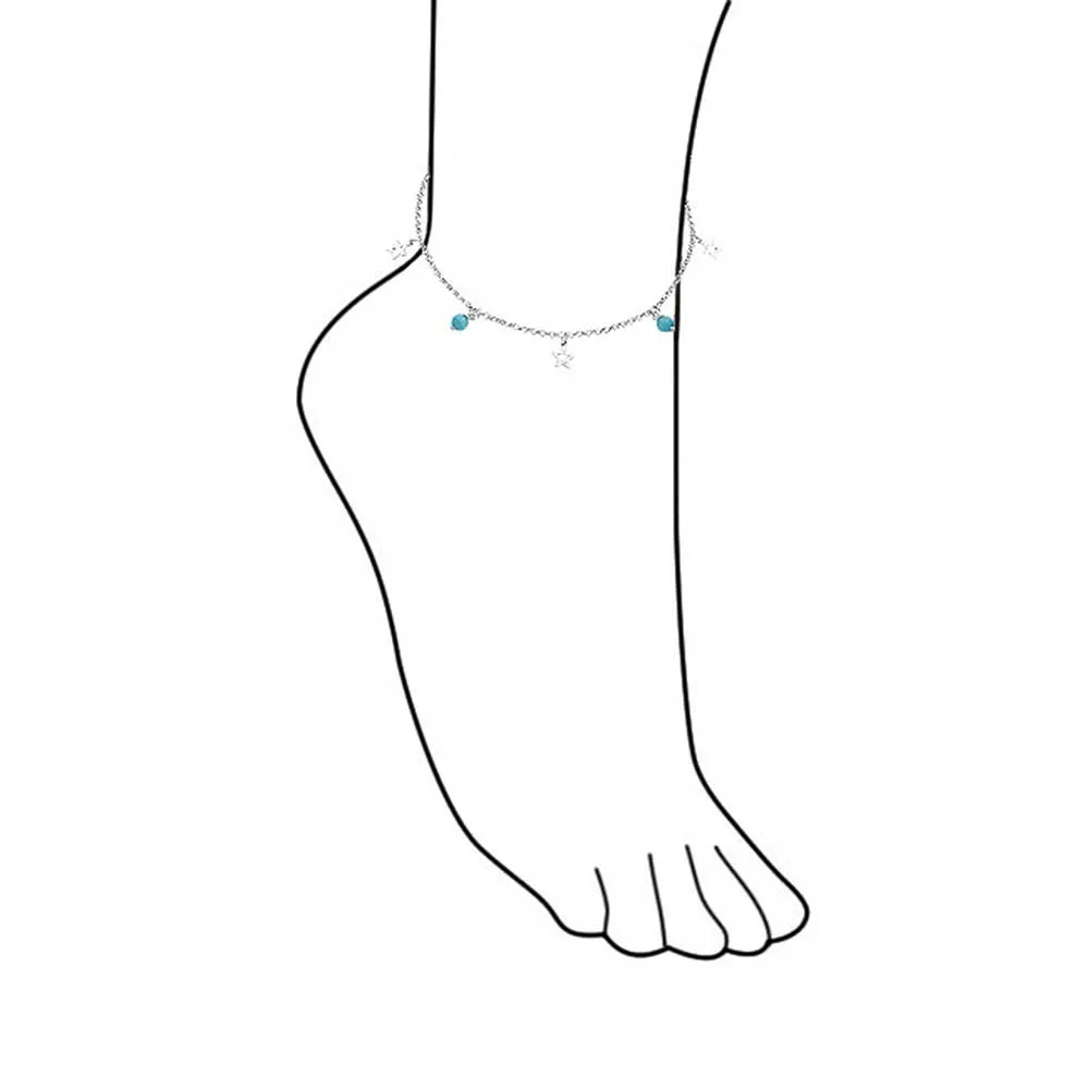 Dangle Aqua Blue Cats Eye Bead Anklet Ankle Bracelet with Star Charms Sterling Silver