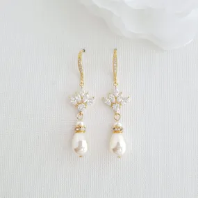 Gold and Pearl Dangle Earrings for Weddings-Rosa