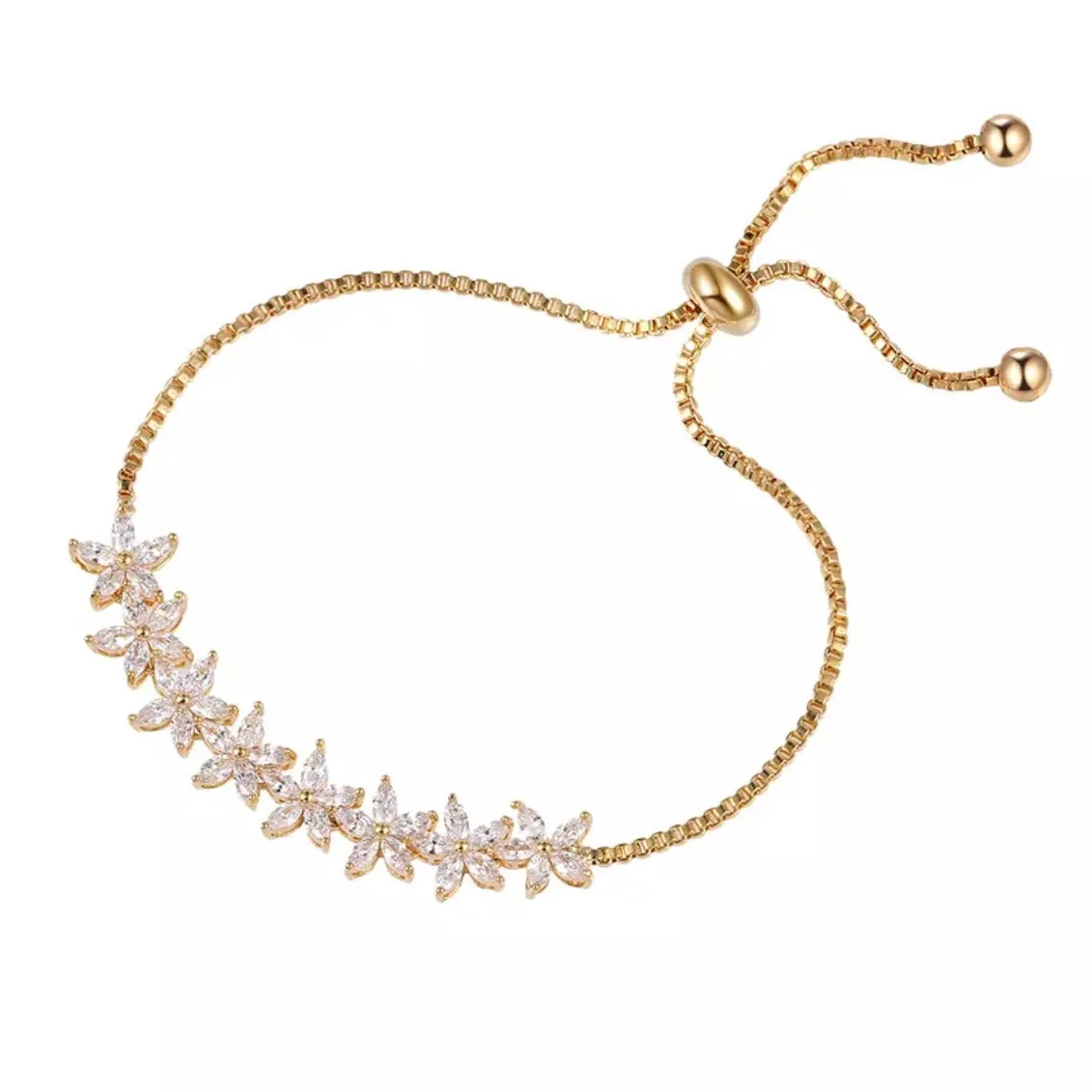 Gold Delicate Flower CZ Crystal Toggle Bracelet