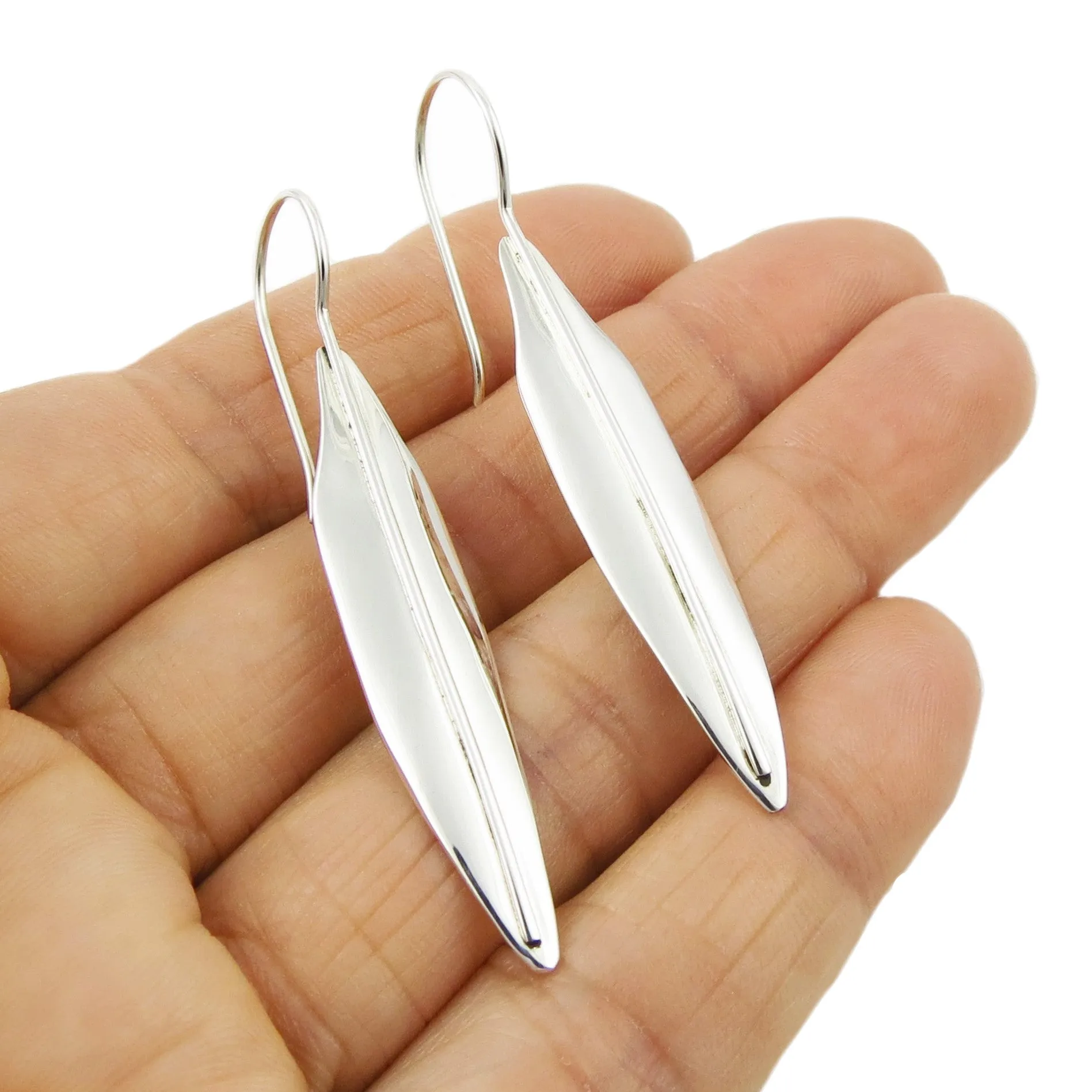 Long Leaf 925 Sterling Silver Curved Drop Earrings