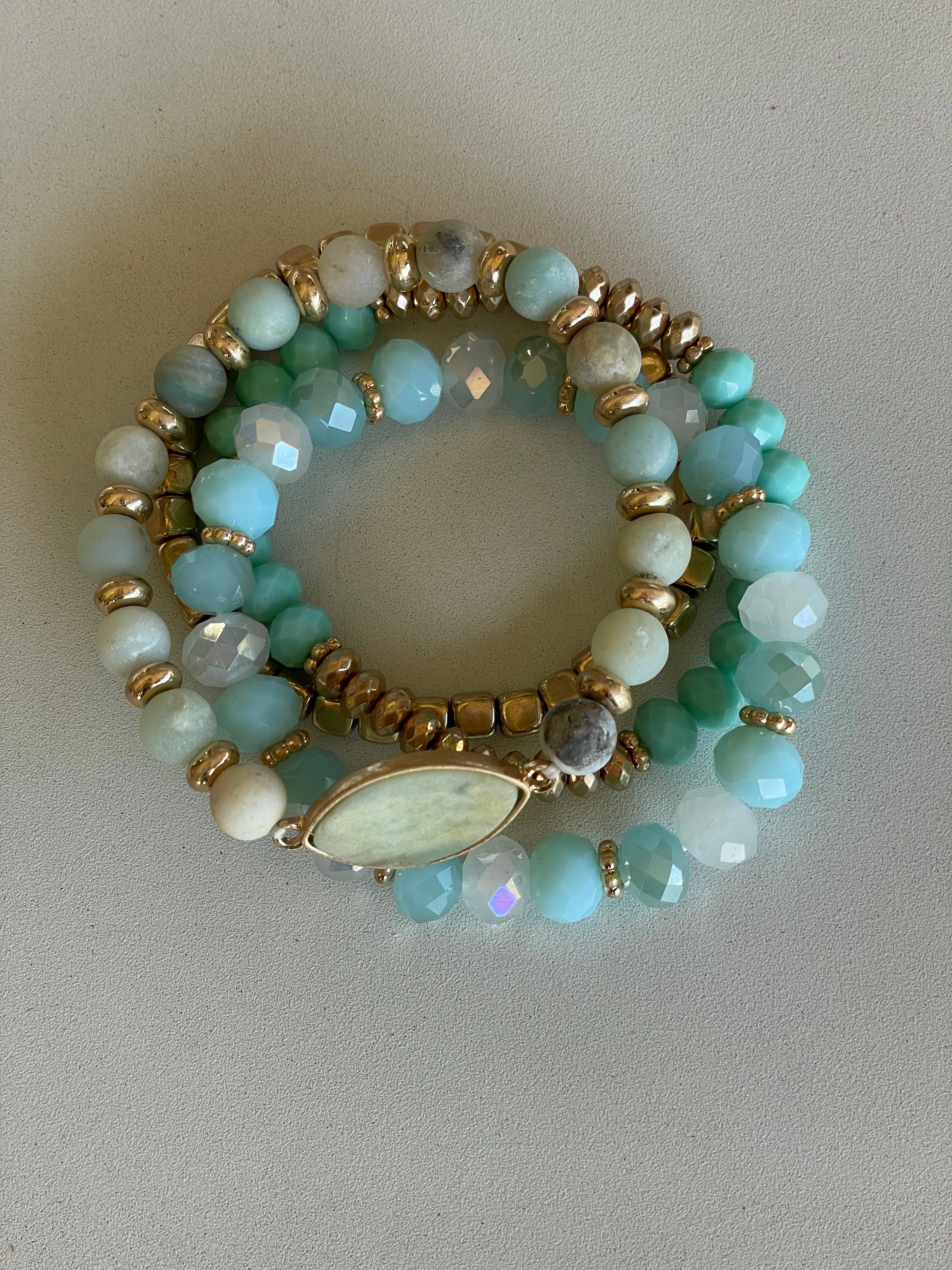 Mint & Gold Glass Beads Set of 4 Stretch Bracelets