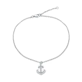 Nautical Anchor Anklet Ankle Bracelet with Cubic Zirconia Charm Sterling Silver